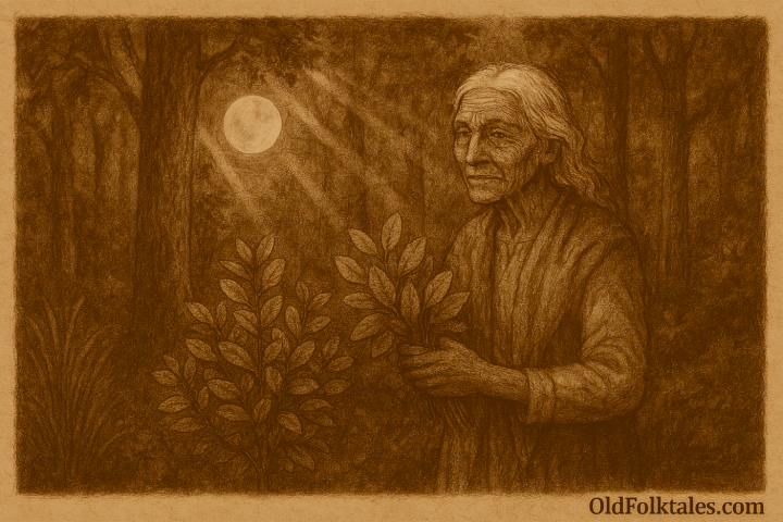 Sepia-toned illustration on aged parchment showing an elderly Paraguayan woman with white hair and deeply lined features standing in a lush forest. She holds harvested yerba mate leaves in her hands as sunlight filters through tall trees, casting dappled light and creating a sacred, watchful atmosphere. “OldFolktales.com” is inscribed in the bottom right corner.