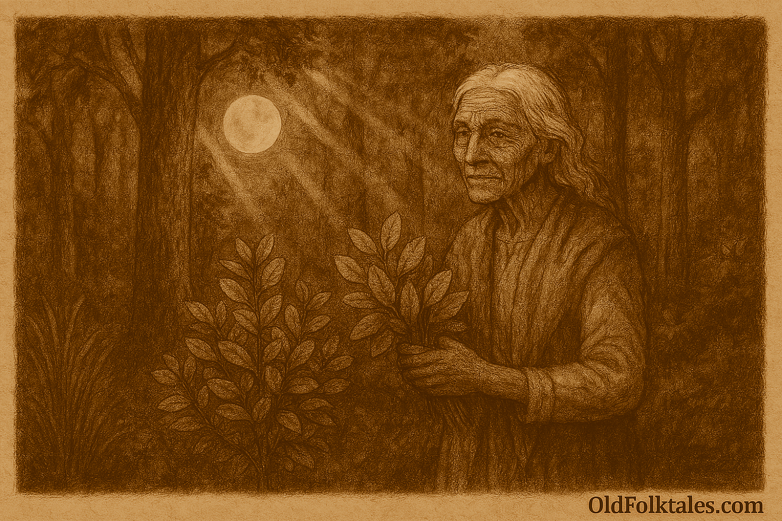 Sepia-toned illustration on aged parchment showing an elderly Paraguayan woman with white hair and deeply lined features standing in a lush forest. She holds harvested yerba mate leaves in her hands as sunlight filters through tall trees, casting dappled light and creating a sacred, watchful atmosphere. “OldFolktales.com” is inscribed in the bottom right corner.