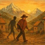 A man in an Andean village with a shadow leaving him, Quechua folklore scene.