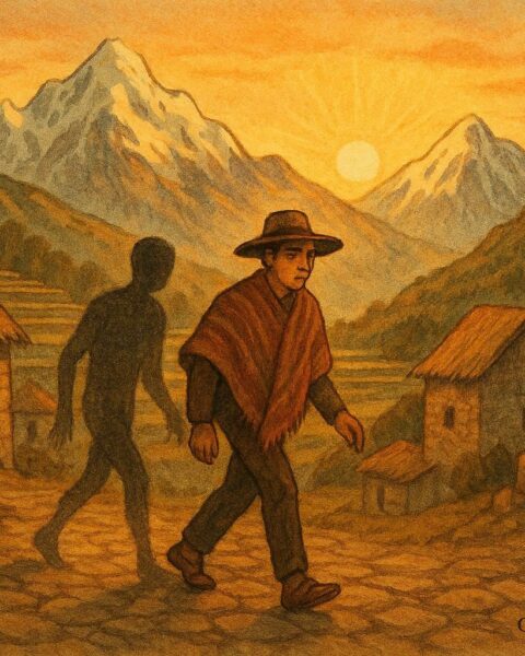 A man in an Andean village with a shadow leaving him, Quechua folklore scene.