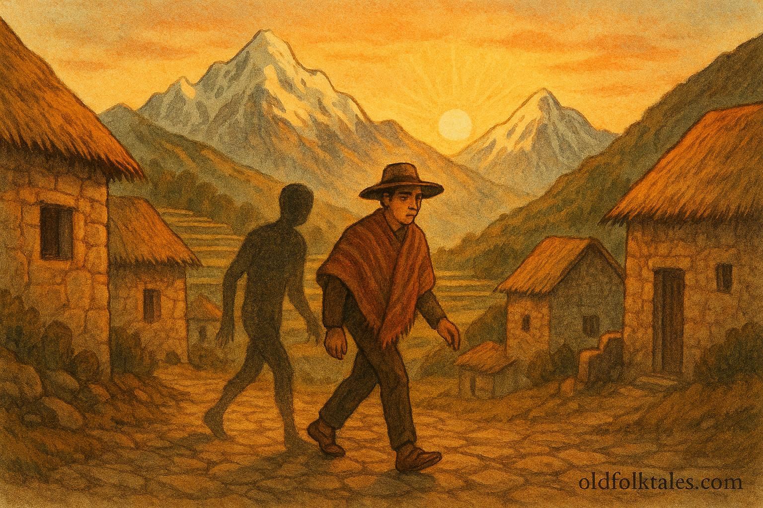 A man in an Andean village with a shadow leaving him, Quechua folklore scene.