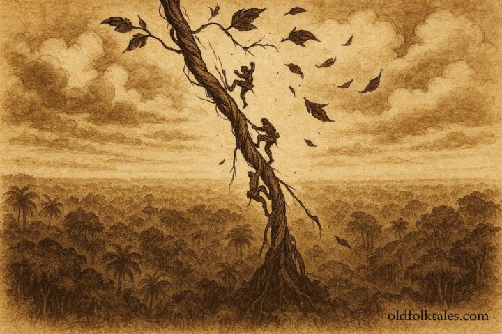 Parchment-style illustration of a vine connecting earth and sky, Brazilian Amazon folktale.