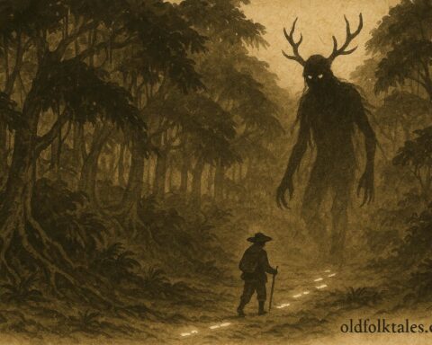 Parchment-style illustration of forest spirit tracking footprints, Amazonian folktale scene.