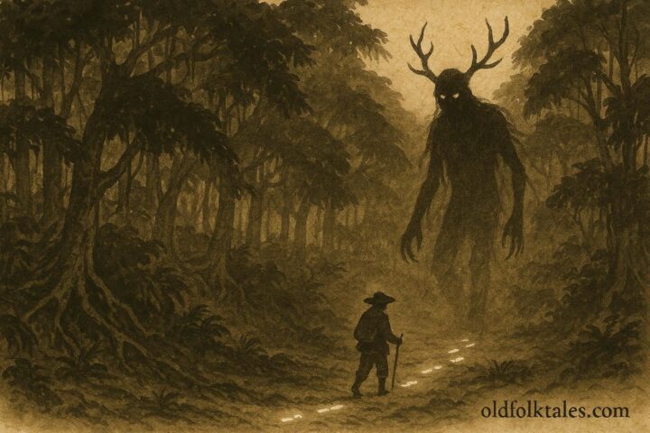 Parchment-style illustration of forest spirit tracking footprints, Amazonian folktale scene.