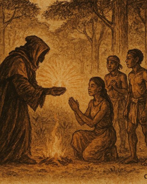 Parchment-style artwork of a forest spirit testing villagers, Brazilian Amazon folktale scene.
