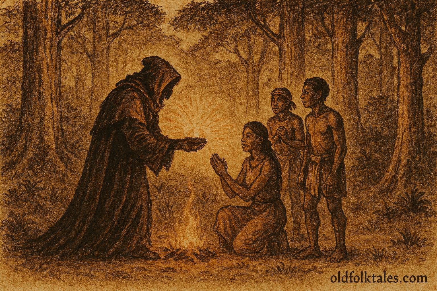 Parchment-style artwork of a forest spirit testing villagers, Brazilian Amazon folktale scene.