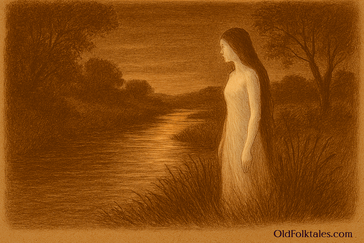 Sepia-toned illustration on aged parchment showing a luminous female water spirit with pale glowing skin and long dark hair standing silently at the edge of the Arroyo Solís at dusk in rural Uruguay. She gazes over the gently flowing stream, which reflects golden evening light. The river is framed by tall reeds and dense vegetation, with rolling hills and trees in the background. "OldFolktales.com" is inscribed at the bottom right.