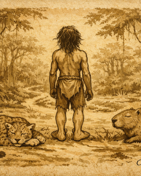 Parchment-style illustration of Curupira guarding the Amazon forest, Brazilian folktale scene.
