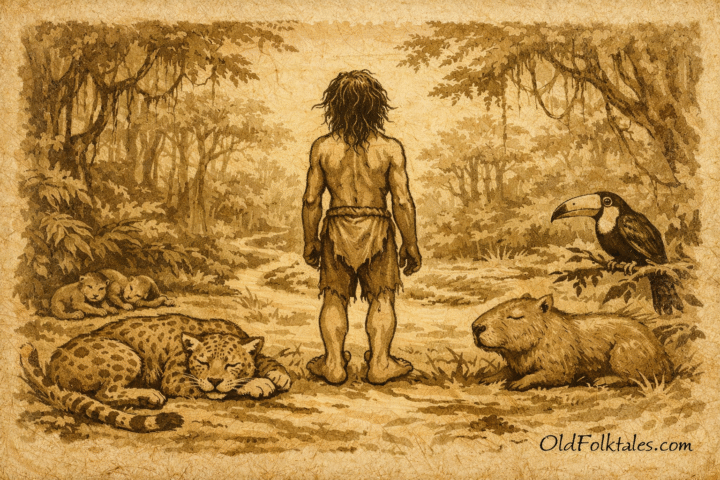 Parchment-style illustration of Curupira guarding the Amazon forest, Brazilian folktale scene.