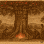 Sepia-toned illustration on aged parchment depicting a massive ceibo tree in the Paraguayan countryside. The tree has a thick, ancient trunk with subtle human-like faces emerging from its bark, suggesting ancestral spirits. Its wide canopy is filled with glowing crimson flowers. At the tree’s roots, three Guaraní villagers place offerings—pots, bowls, and dishes—while kneeling or standing in reverence. Rolling hills and scattered trees fill the background under a softly clouded sky. "OldFolktales.com" is inscribed at the bottom right.