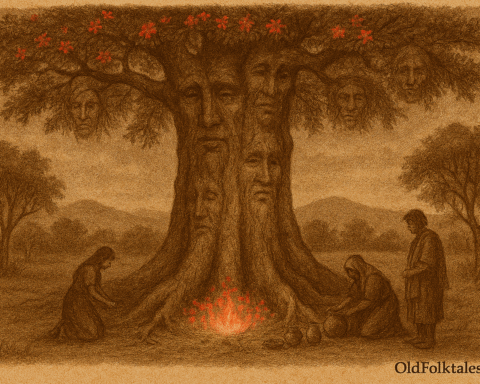 Sepia-toned illustration on aged parchment depicting a massive ceibo tree in the Paraguayan countryside. The tree has a thick, ancient trunk with subtle human-like faces emerging from its bark, suggesting ancestral spirits. Its wide canopy is filled with glowing crimson flowers. At the tree’s roots, three Guaraní villagers place offerings—pots, bowls, and dishes—while kneeling or standing in reverence. Rolling hills and scattered trees fill the background under a softly clouded sky. "OldFolktales.com" is inscribed at the bottom right.
