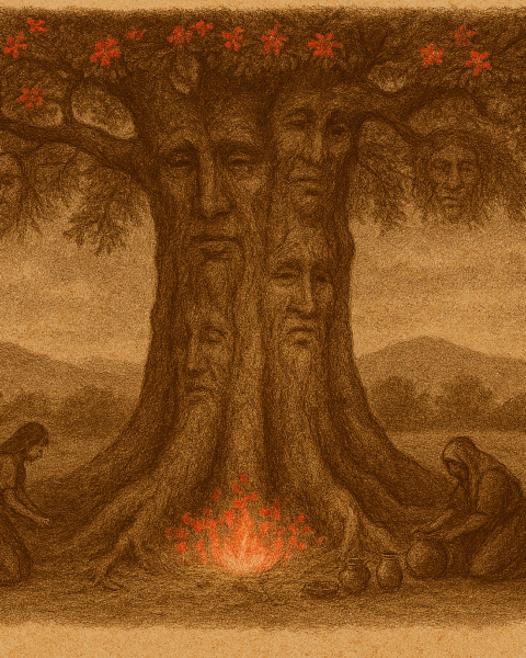 Sepia-toned illustration on aged parchment depicting a massive ceibo tree in the Paraguayan countryside. The tree has a thick, ancient trunk with subtle human-like faces emerging from its bark, suggesting ancestral spirits. Its wide canopy is filled with glowing crimson flowers. At the tree’s roots, three Guaraní villagers place offerings—pots, bowls, and dishes—while kneeling or standing in reverence. Rolling hills and scattered trees fill the background under a softly clouded sky. "OldFolktales.com" is inscribed at the bottom right.