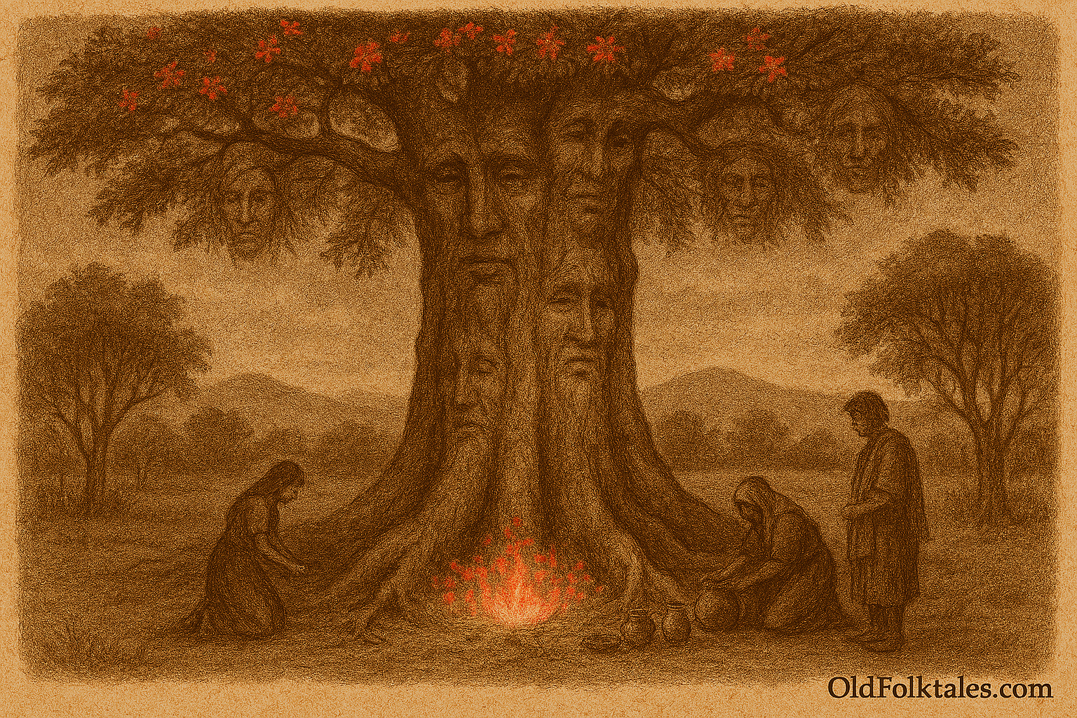 Sepia-toned illustration on aged parchment depicting a massive ceibo tree in the Paraguayan countryside. The tree has a thick, ancient trunk with subtle human-like faces emerging from its bark, suggesting ancestral spirits. Its wide canopy is filled with glowing crimson flowers. At the tree’s roots, three Guaraní villagers place offerings—pots, bowls, and dishes—while kneeling or standing in reverence. Rolling hills and scattered trees fill the background under a softly clouded sky. "OldFolktales.com" is inscribed at the bottom right.