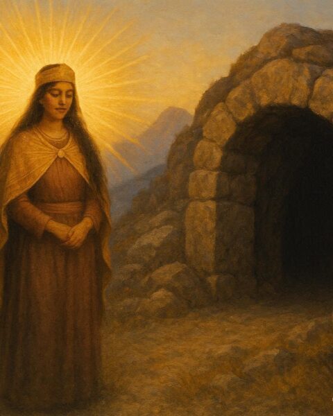A glowing sun maiden standing before a sealed mountain cave in the Andes, symbolizing balance and restraint