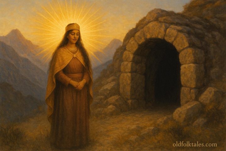 A glowing sun maiden standing before a sealed mountain cave in the Andes, symbolizing balance and restraint