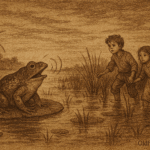 Sepia-toned folktale illustration on aged rice parchment showing a large frog with shimmering skin croaking atop a lily pad in a twilight Paraguayan marsh. Two lost children cautiously follow its path through reeds and shallow water, surrounded by dark, endless wetlands. “OldFolktales.com” is inscribed at the bottom right.