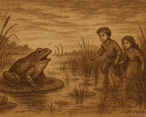 Sepia-toned folktale illustration on aged rice parchment showing a large frog with shimmering skin croaking atop a lily pad in a twilight Paraguayan marsh. Two lost children cautiously follow its path through reeds and shallow water, surrounded by dark, endless wetlands. “OldFolktales.com” is inscribed at the bottom right.
