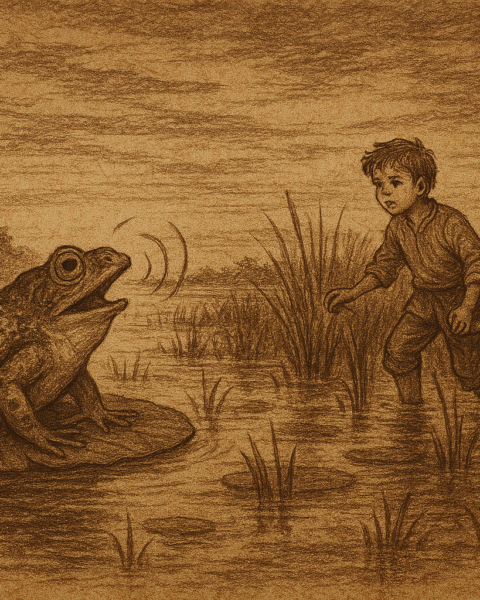 Sepia-toned folktale illustration on aged rice parchment showing a large frog with shimmering skin croaking atop a lily pad in a twilight Paraguayan marsh. Two lost children cautiously follow its path through reeds and shallow water, surrounded by dark, endless wetlands. “OldFolktales.com” is inscribed at the bottom right.