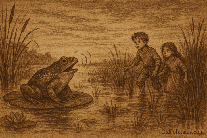 Sepia-toned folktale illustration on aged rice parchment showing a large frog with shimmering skin croaking atop a lily pad in a twilight Paraguayan marsh. Two lost children cautiously follow its path through reeds and shallow water, surrounded by dark, endless wetlands. “OldFolktales.com” is inscribed at the bottom right.