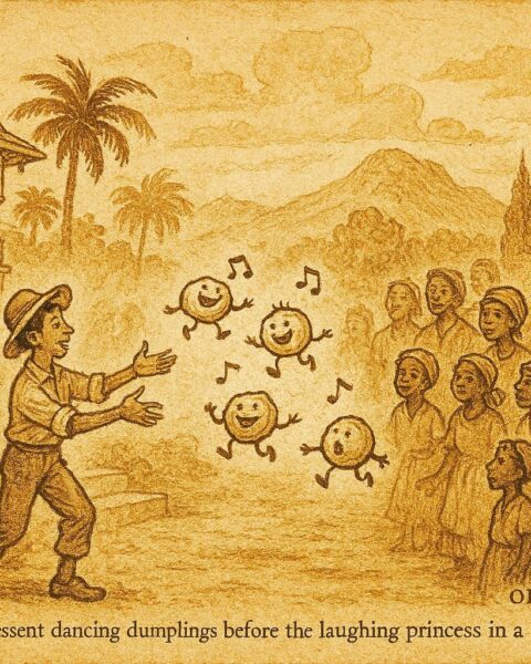 Parchment-style illustration of dancing dumplings performing before a Haitian princess, Haitian folktale scene.