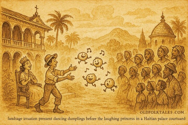 Parchment-style illustration of dancing dumplings performing before a Haitian princess, Haitian folktale scene.