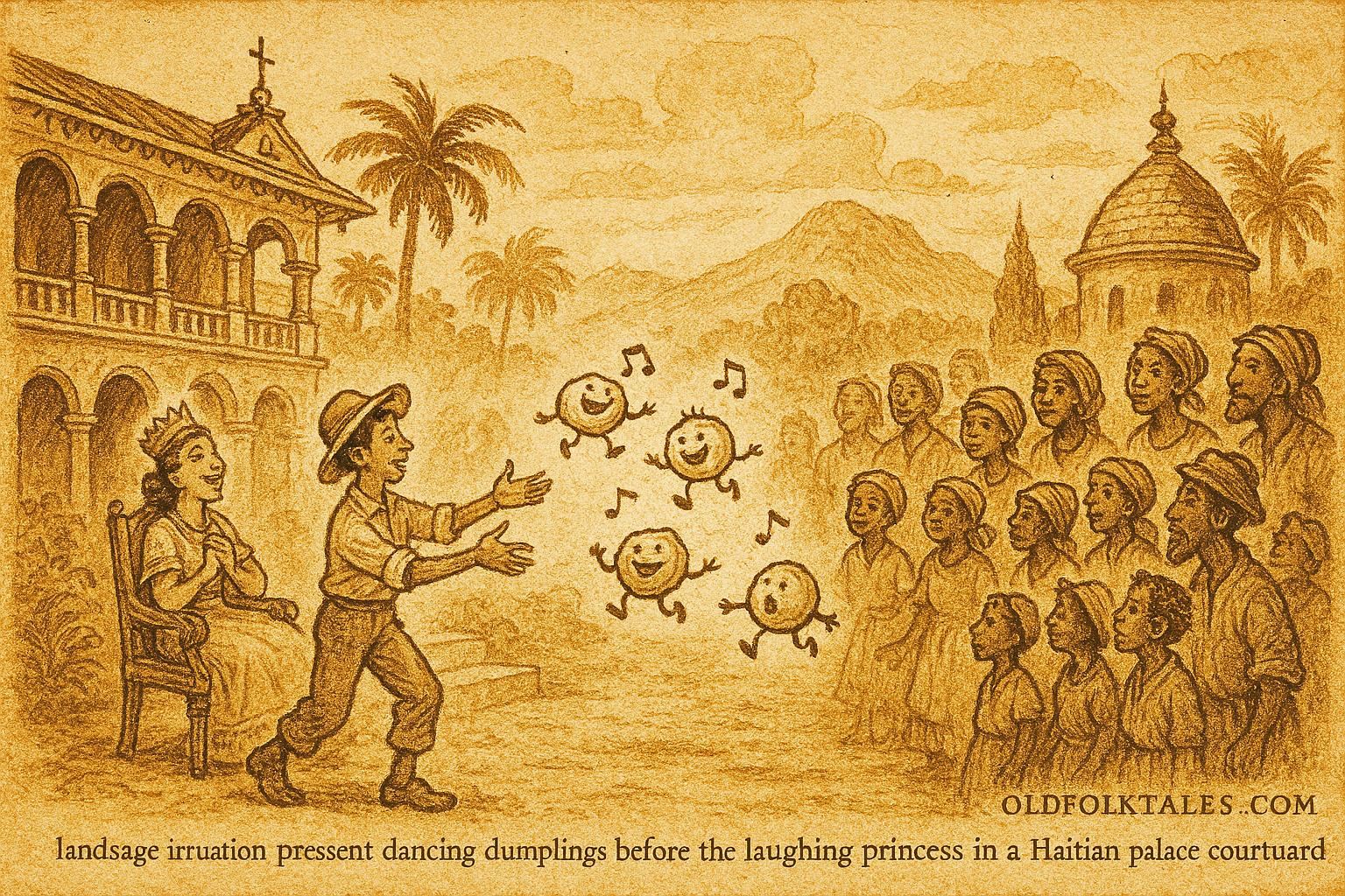 Parchment-style illustration of dancing dumplings performing before a Haitian princess, Haitian folktale scene.
