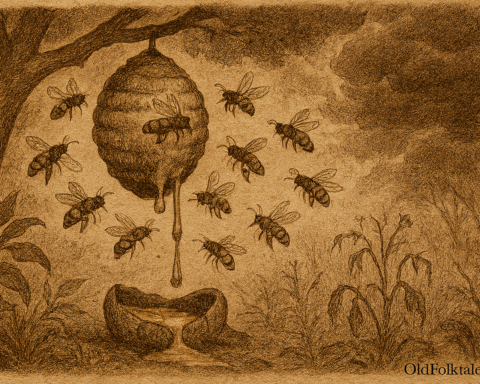 Sepia-toned illustration on aged rice parchment showing a forest hive in the Paraguayan jungle surrounded by a swarm of black-and-yellow bees. Thick golden honey drips from the hive onto a broken gourd below. Wilted plants with drooping leaves and stems surround the scene, while storm-darkened clouds loom overhead, casting an ominous shadow. “OldFolktales.com” is inscribed at the bottom right.