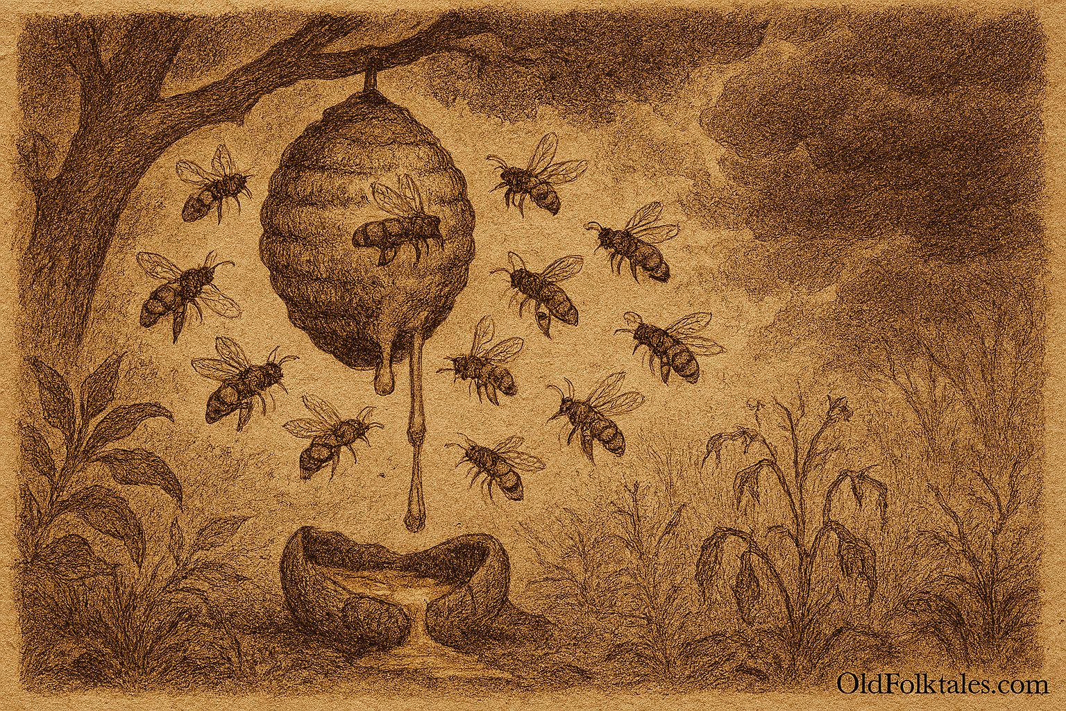 Sepia-toned illustration on aged rice parchment showing a forest hive in the Paraguayan jungle surrounded by a swarm of black-and-yellow bees. Thick golden honey drips from the hive onto a broken gourd below. Wilted plants with drooping leaves and stems surround the scene, while storm-darkened clouds loom overhead, casting an ominous shadow. “OldFolktales.com” is inscribed at the bottom right.