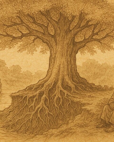 Parchment-style illustration of sacred moving tree by river, Amazonian folktale scene.