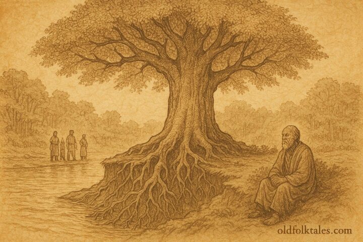 Parchment-style illustration of sacred moving tree by river, Amazonian folktale scene.