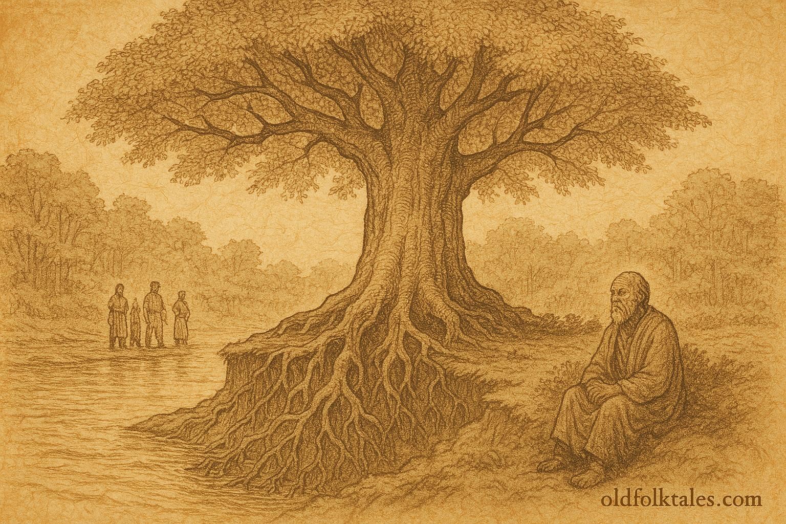 Parchment-style illustration of sacred moving tree by river, Amazonian folktale scene.