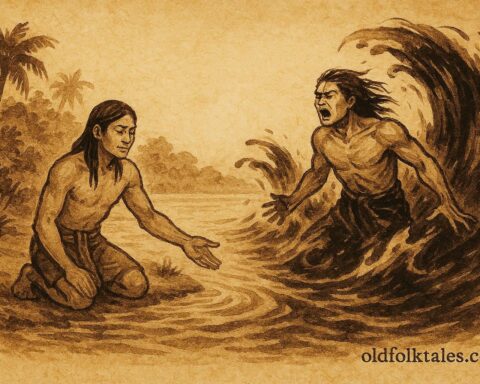 Parchment-style illustration of twin river brothers, Amazonian folktale scene.