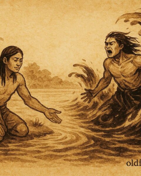 Parchment-style illustration of twin river brothers, Amazonian folktale scene.