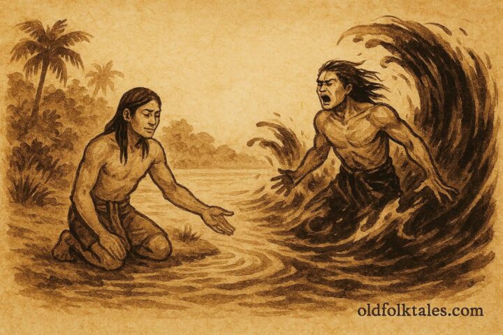 Parchment-style illustration of twin river brothers, Amazonian folktale scene.