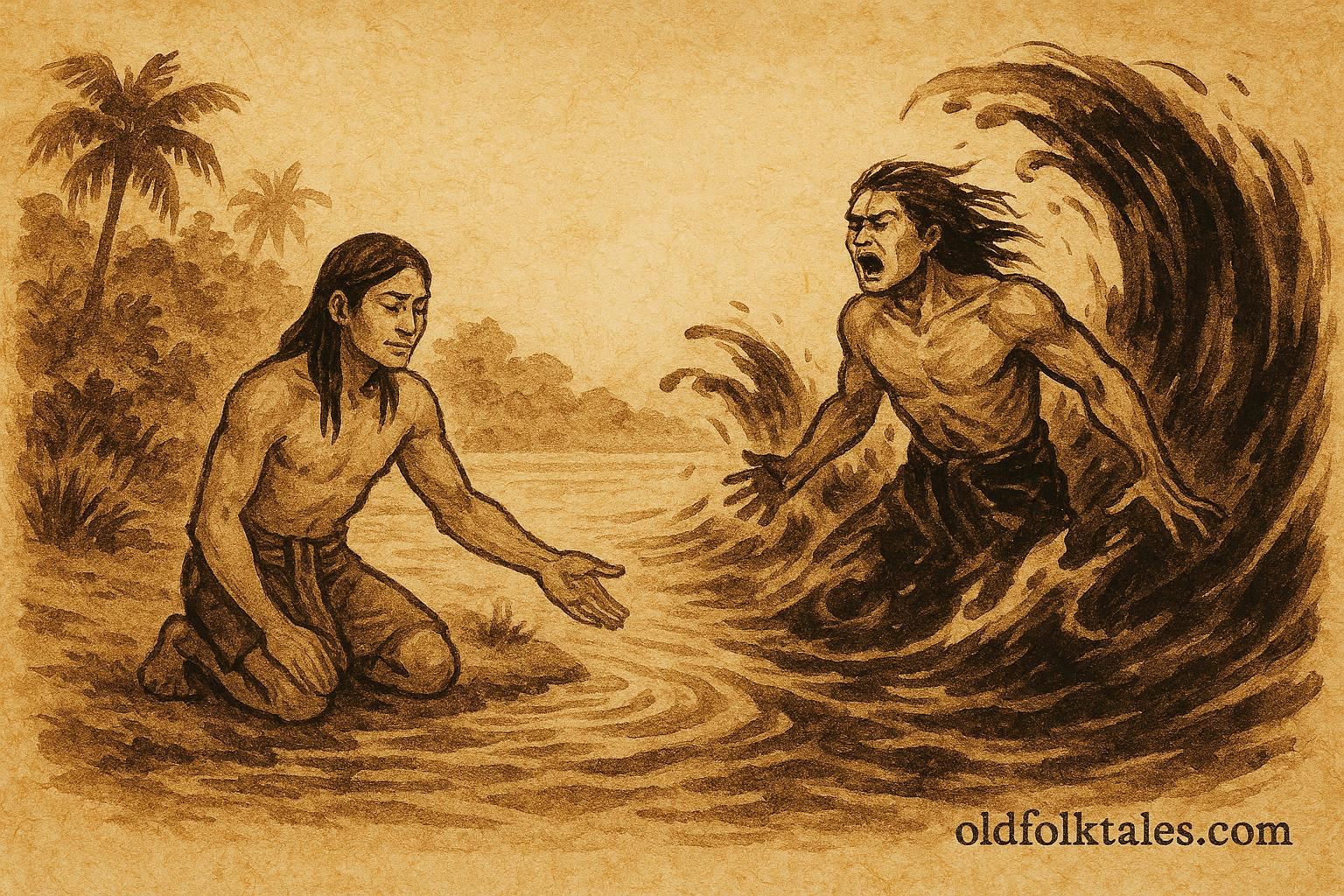 Parchment-style illustration of twin river brothers, Amazonian folktale scene.