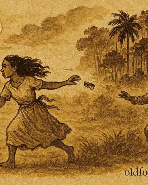 Parchment style illustration of a girl fleeing her uncle in Haitian folklore.