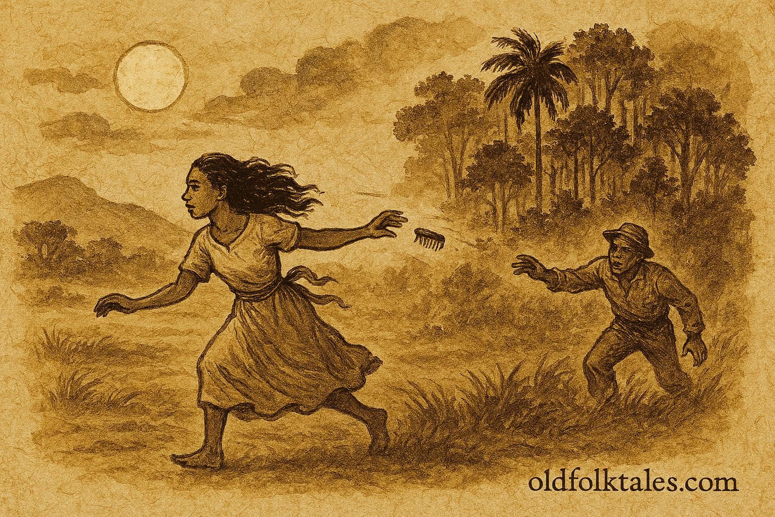 Parchment style illustration of a girl fleeing her uncle in Haitian folklore.