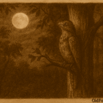 Sepia-toned illustration on aged parchment showing a solitary urutaú bird perched motionless on a tree branch in a dark Paraguayan forest. Its mottled brown feathers blend seamlessly with the bark, camouflaging it in the moonlit scene. Soft moonlight filters through the canopy, casting gentle shadows and highlighting the bird’s sorrowful stillness. “OldFolktales.com” is inscribed in the bottom right corner.