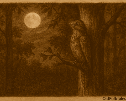 Sepia-toned illustration on aged parchment showing a solitary urutaú bird perched motionless on a tree branch in a dark Paraguayan forest. Its mottled brown feathers blend seamlessly with the bark, camouflaging it in the moonlit scene. Soft moonlight filters through the canopy, casting gentle shadows and highlighting the bird’s sorrowful stillness. “OldFolktales.com” is inscribed in the bottom right corner.