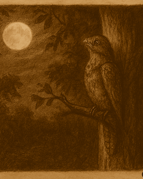 Sepia-toned illustration on aged parchment showing a solitary urutaú bird perched motionless on a tree branch in a dark Paraguayan forest. Its mottled brown feathers blend seamlessly with the bark, camouflaging it in the moonlit scene. Soft moonlight filters through the canopy, casting gentle shadows and highlighting the bird’s sorrowful stillness. “OldFolktales.com” is inscribed in the bottom right corner.