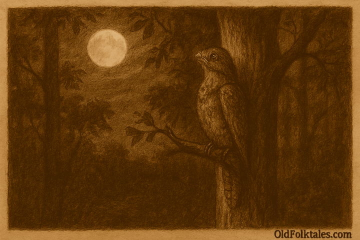 Sepia-toned illustration on aged parchment showing a solitary urutaú bird perched motionless on a tree branch in a dark Paraguayan forest. Its mottled brown feathers blend seamlessly with the bark, camouflaging it in the moonlit scene. Soft moonlight filters through the canopy, casting gentle shadows and highlighting the bird’s sorrowful stillness. “OldFolktales.com” is inscribed in the bottom right corner.