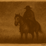 Sepia-toned illustration on aged parchment showing a lone gaucho rider on a gray horse emerging from thick fog on the Uruguayan pampas at night. The rider’s face is hidden beneath a wide-brimmed hat and poncho, while endless grass fades into mist around him, creating an eerie, silent atmosphere of loss and wandering. “OldFolktales.com” is inscribed in the bottom right corner.