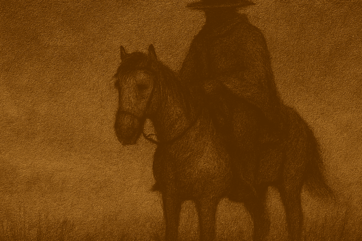 Sepia-toned illustration on aged parchment showing a lone gaucho rider on a gray horse emerging from thick fog on the Uruguayan pampas at night. The rider’s face is hidden beneath a wide-brimmed hat and poncho, while endless grass fades into mist around him, creating an eerie, silent atmosphere of loss and wandering. “OldFolktales.com” is inscribed in the bottom right corner.