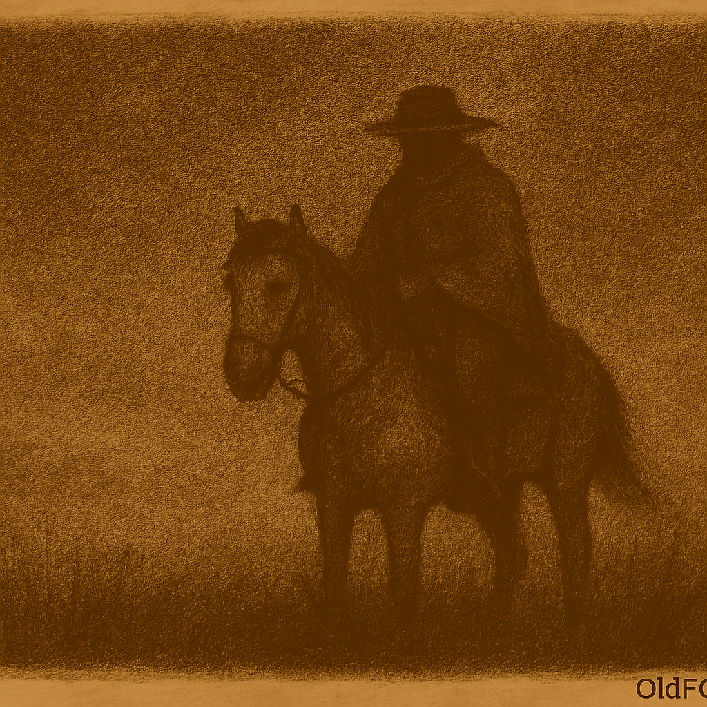 Sepia-toned illustration on aged parchment showing a lone gaucho rider on a gray horse emerging from thick fog on the Uruguayan pampas at night. The rider’s face is hidden beneath a wide-brimmed hat and poncho, while endless grass fades into mist around him, creating an eerie, silent atmosphere of loss and wandering. “OldFolktales.com” is inscribed in the bottom right corner.