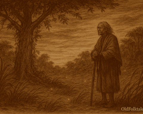 Sepia-toned folktale illustration on aged rice parchment showing an elderly Guaraní man standing beneath a broad ceibo tree at twilight. Wind ripples through tall grass and forest leaves, evoking unseen voices in the air beneath a fading orange and purple sky. “OldFolktales.com” is inscribed at the bottom right.