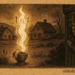 Parchment style artwork of a soucouyant transforming at night in Roseau Dominica folklore.