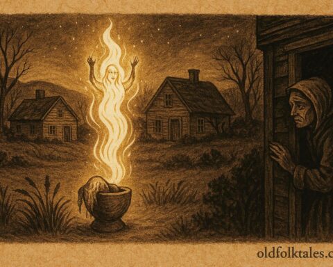 Parchment style artwork of a soucouyant transforming at night in Roseau Dominica folklore.