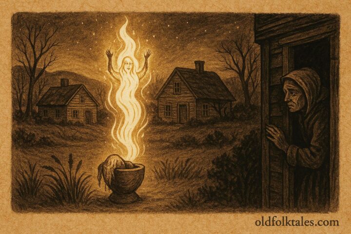 Parchment style artwork of a soucouyant transforming at night in Roseau Dominica folklore.