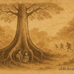 Parchment-style artwork of a sacred ceiba protecting children, Amazonian folktale scene.