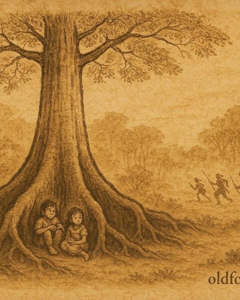 Parchment-style artwork of a sacred ceiba protecting children, Amazonian folktale scene.